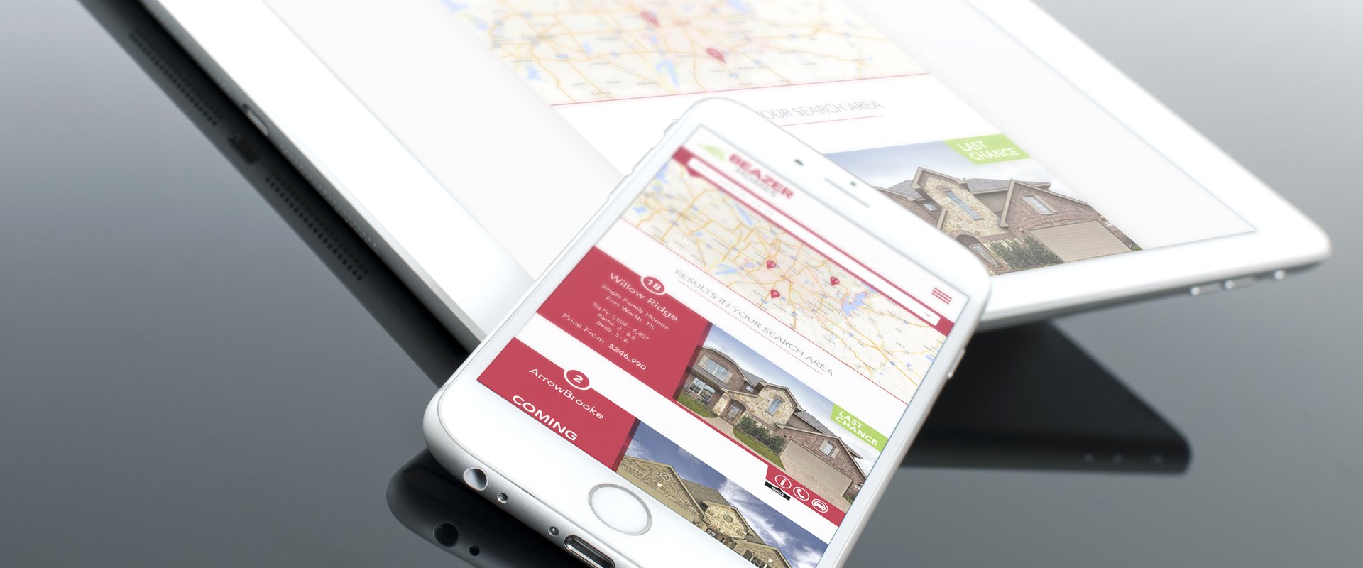 Mobile estate agents website design, enabling search functions and using a clear methodical layout.